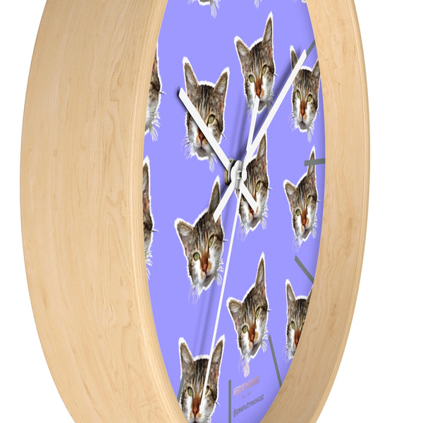 Purple Cat Print Bath Mat, Cute Calico Cat Large 10" Dia. Indoor Wall Clocks- Made in USA-Wall Clock-Heidi Kimura Art LLC