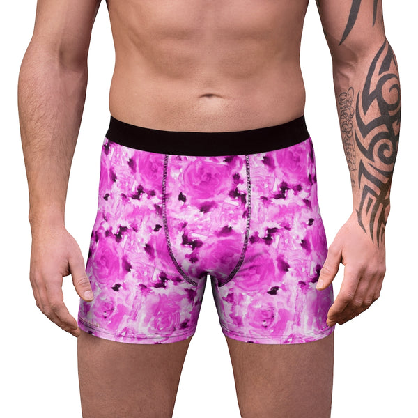 Pink Rose Men's Boxer Briefs, Hot Pink Best Premium Designer Flower Floral Print Designer Fashion Underwear For Sexy Gay Men, Men's Gay Fetish Party Erotic Boxer Briefs Elastic Underwear (US Size: XS-3XL)
