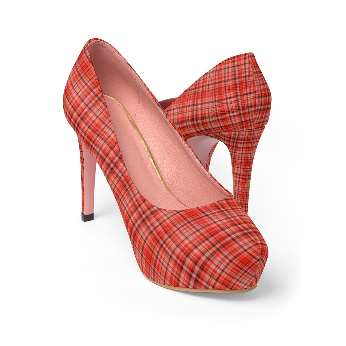 Orange Red Tartan Scottish Plaid Print Women's Platform Heels Stiletto Pumps Shoes-4 inch Heels-US 7-Heidi Kimura Art LLC