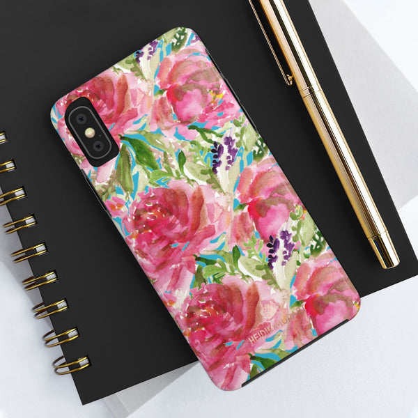 Blue Pink Rose Print Phone Case, Floral Print Case Mate Tough Phone Cases-Made in USA - Heidikimurart Limited 