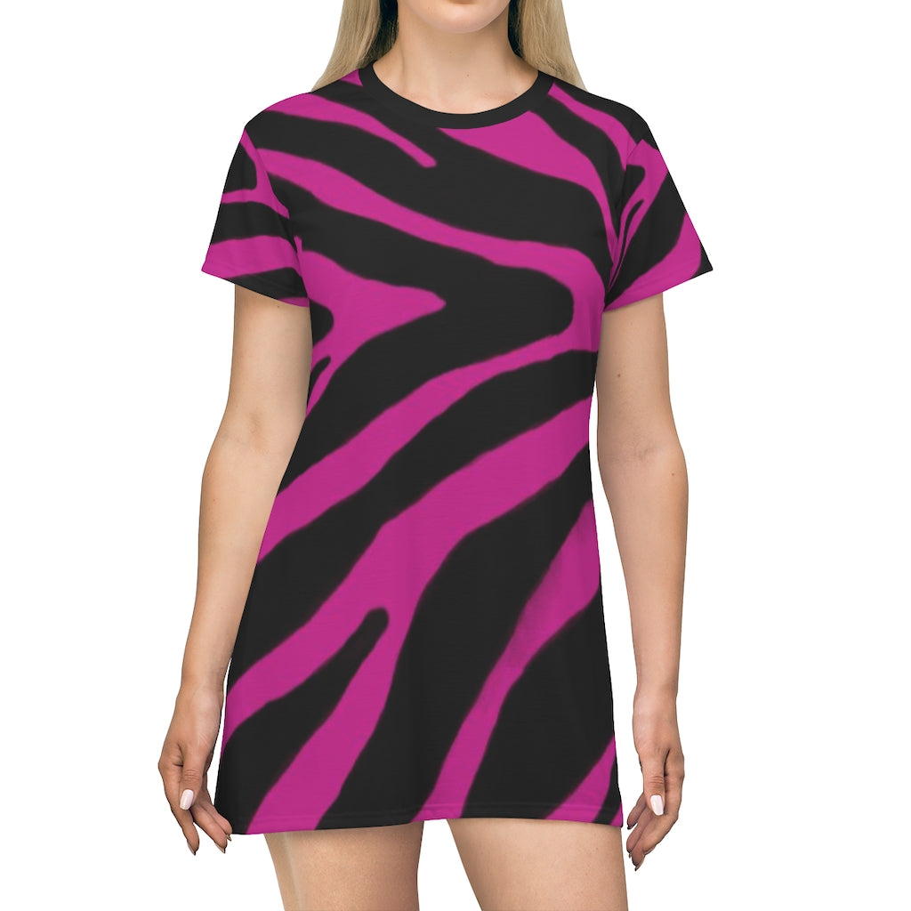 Pink Zebra Print T-Shirt Dress, Zebra Animal Print Crew Neck Long Tee Shirt Dress - Made in USA | Heidikimurart Limited Pink Zebra Print T-Shirt Dress, Zebra Animal Print Crew Neck Long Tee Shirt Dress - Made in USA | Heidikimurart Limited
