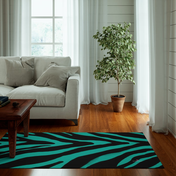 Zebra Animal Print Dornier Rug, Turquoise Blue and Black Zebra Stripes Animal Print Woven Indoor Carpet For Home or Office, Modern Basics Essential Premium Best Designer Durable Woven Skid-Resistant Premium Polyester Indoor Carpet Area Rug - Printed in USA (Size: 20"x32"(1'-8"x2'-8"), 35"×63"(2'-11"x5'-3"), 63"×84"(5'-3"x7'-0"))