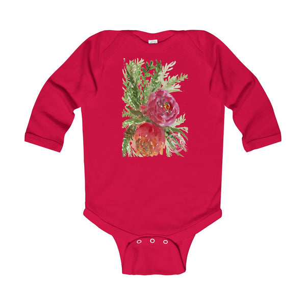 Floral Red Orange Rose Infant Long Sleeve Bodysuit - Made in UK (UK Size: 6M-24M)-Kids clothes-Red-12M-Heidi Kimura Art LLC