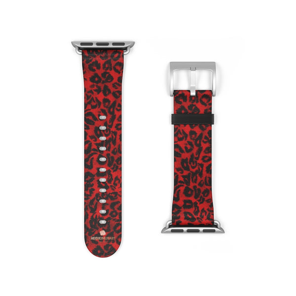 Red Leopard Animal Print Premium 38mm/42mm Designer Watch Band- Made in USA-Watch Band-38 mm-Silver Matte-Heidi Kimura Art LLC