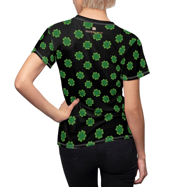 Black Green Clover Print Shirt, St. Patrick's Day Women's Crewneck Tee- Made in USA-Women's T-Shirt-Heidi Kimura Art LLC