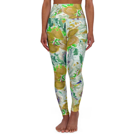 Yellow Floral Yoga Tights, High Waisted Yoga Leggings, Patterned Long Women's Pants-All Over Prints-Printify-XL-Heidi Kimura Art LLC