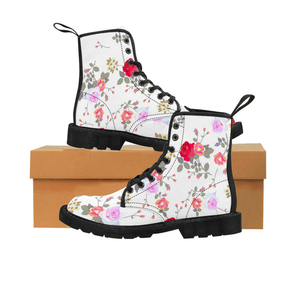 White Floral Print Designer Vintage Style Women's Canvas Winter Boots(Size: 6.5-11)-Women's Boots-Black-US 8.5-Heidi Kimura Art LLC
