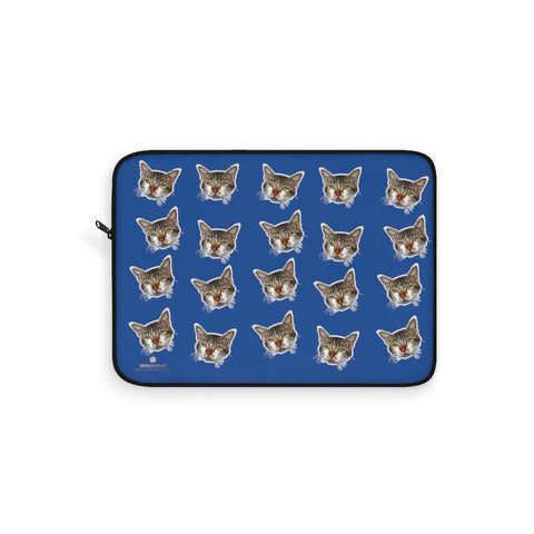 Dark Blue Peanut Meow Cat Calico Print 12",13",15" Computer Bag Laptop Sleeve- Made in USA-Laptop Sleeve-15"-Heidi Kimura Art LLC
