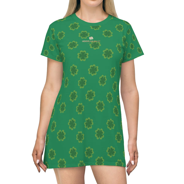 Dark Green Clover Print St. Patrick's Day Women's Premium T-Shirt Dress- Made in USA-T-Shirt Dress-Heidi Kimura Art LLC