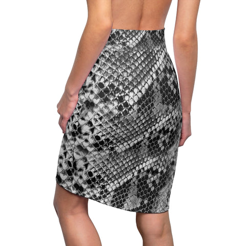 Snake Print Women's Pencil Skirt, Grey Snake Skin Printed Designer Skirt - Heidikimurart Limited 