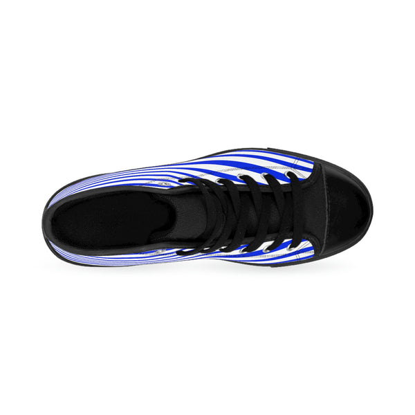 Blue Striped Men's High-top Sneakers, Blue White Modern Stripes Men's High&nbsp;Tops,&nbsp;High Top Striped Sneakers, Striped Casual&nbsp;Men's High Top For Sale,&nbsp;Fashionable Designer Men's Fashion High Top Sneakers, Tennis Running Shoes (US Size: 6-14)