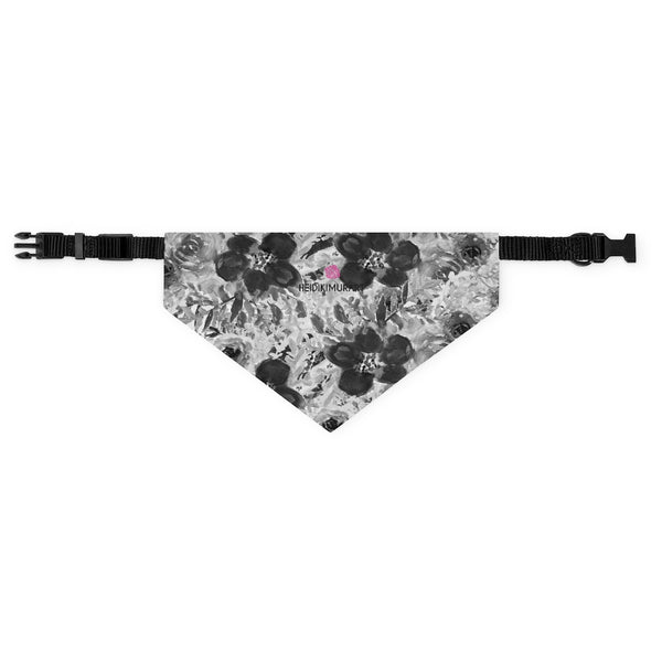 Grey Floral Pet Bandana Collar, Best Flower Print Polyester Pet Bandana Collar With Adjustable Black Collar And Buckle, Easy Essential Designer Pet Fashionable Accessories For Your Cute Animals Dogs or Cats (Size: S, M, L)-Made in USA, Over The Collar Dog Bandana, Dog Collar Scarf, Dog Collar With Bandana Attached, Dog Bandana Collar Cover Pattern Accessories