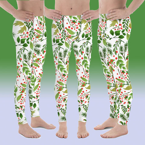 Christmas Holidays Party Meggings, Green Red Floral Christmas Print Premium Quality Men's Running Leggings & Run Tights Meggings Activewear- Made in USA/ Europe (US Size: XS-3XL)