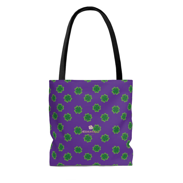 Dark Purple Green Clover Print St. Patrick's Day Irish Style Designer Tote Bag- Made in USA-Tote Bag-Heidi Kimura Art LLC
