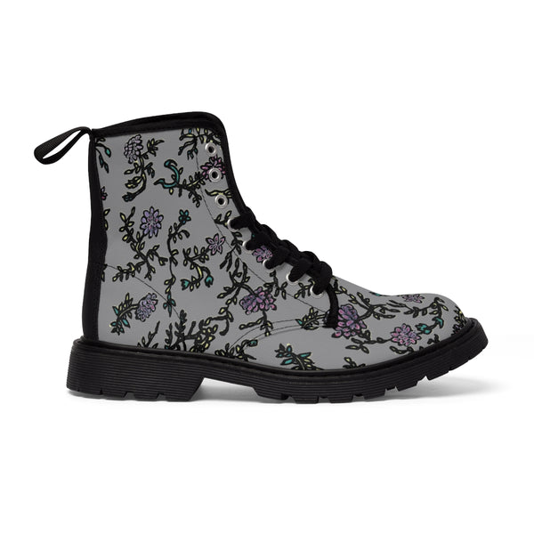 Grey Floral Print Women's Boots, Purple Floral Women's Boots, Flower Print Elegant Feminine Casual Fashion Gifts, Flower Rose Print Shoes For Flower Lovers, Combat Boots, Designer Women's Winter Lace-up Toe Cap Hiking Boots Shoes For Women (US Size 6.5-11) Purple Floral Boots, Floral Boots Womens, Vintage Style Floral Boots 