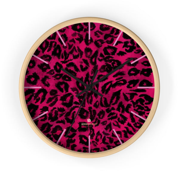 Hot Pink Leopard Animal Print Large Unique Wall Clocks For Vegan Lovers- Made in USA-Wall Clock-10 in-Wooden-Black-Heidi Kimura Art LLC