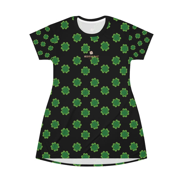 Black Green Clover Print St. Patrick's Day Women's Long Tee T-Shirt Dress- Made in USA-T-Shirt Dress-Heidi Kimura Art LLC