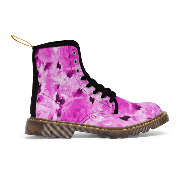 Pink Floral Women's Boots, Rose Print Designer Hiking Laced Up Best Winter Boots For Women (US Size: 6.5-11)