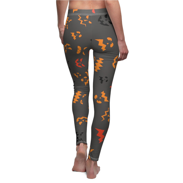 Gray Orange Pumpkin Face Women's Halloween Casual Leggings-Made in USA-Casual Leggings-Heidi Kimura Art LLC
