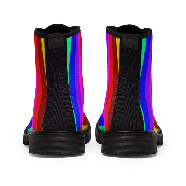 Rainbow Gay Pride Ladies' Boots, Designer Modern Gay Friendly Color Rainbow Stripes Printed Fashion Boots For Ladies, Modern Vertical Stripes Striped Modern Modern Essential Casual Fashion Hiking Boots, Canvas Hiker's Shoes For Mountain Lovers, Stylish Premium Combat Boots, Designer Women's Winter Lace-up Toe Cap Hiking Boots Shoes For Women (US Size 6.5-11)
