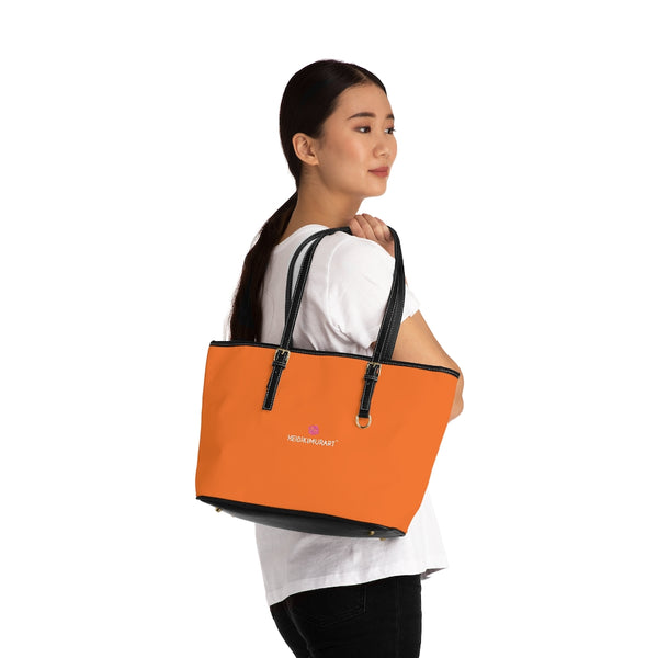 Orange Zipped Tote Bag, Solid Orange Color Modern Essential Designer PU Leather Shoulder Large Spacious Durable Hand Work Bag 17"x11"/ 16"x10" With Gold-Color Zippers & Buckles & Mobile Phone Slots & Inner Pockets, All Day Large Tote Luxury Best Sleek and Sophisticated Cute Work Shoulder Bag For Women With Outside And Inner Zippers