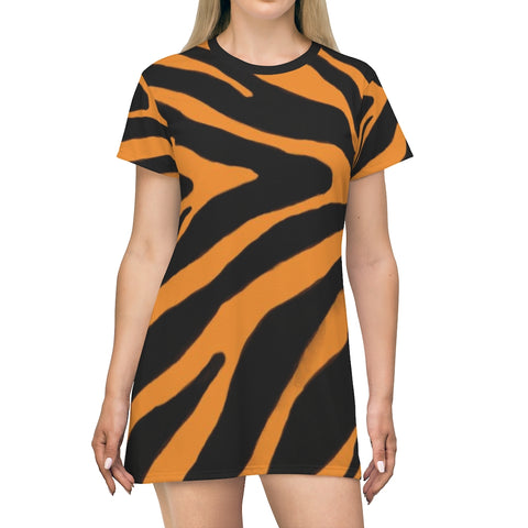 Orange Zebra Print T-Shirt Dress, Zebra Animal Print Designer Crew Neck Women's Long Tee T-shirt Fashion Dress-Made in USA (US Size: XS-2XL)