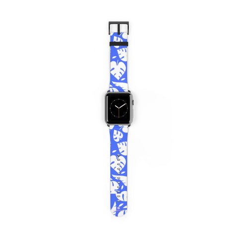 Blue White Tropical Leaf Print 38mm/42mm Watch Band For Apple Watch- Made in USA-Watch Band-42 mm-Black Matte-Heidi Kimura Art LLC