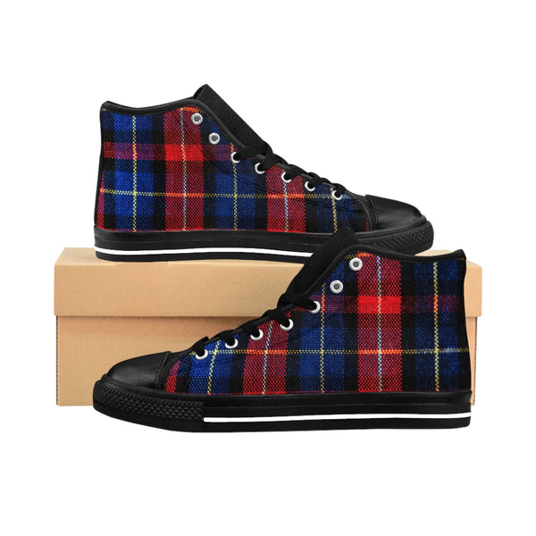 Red Blue Plaid Tartan Classic Print Men's High Top Sneakers Tennis Shoes (US Size 6-14)-Men's High Top Sneakers-Black-US 9-Heidi Kimura Art LLC