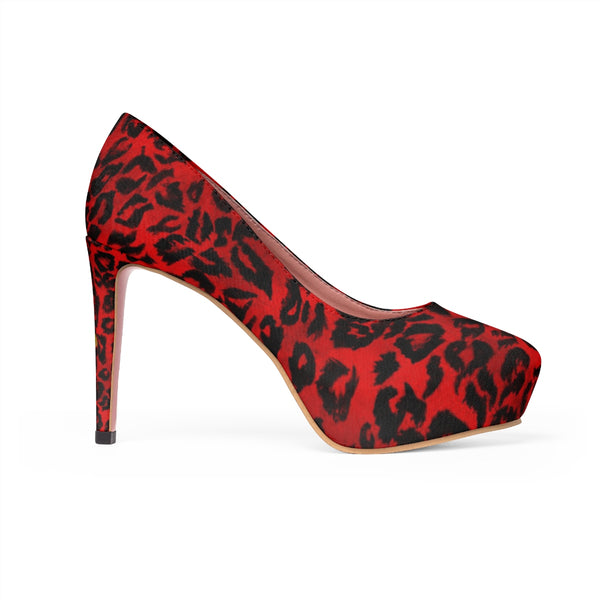 Hot Red Snow Leopard Animal Print Women's Platform Heels Pumps (US Size: 5-11)-4 inch Heels-Heidi Kimura Art LLC