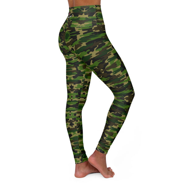Green Camo Print Yoga Tights, Green Camouflaged Military Army Print Women's Best High Waisted Yoga Leggings - Made in USA (US Size: XS-2XL)