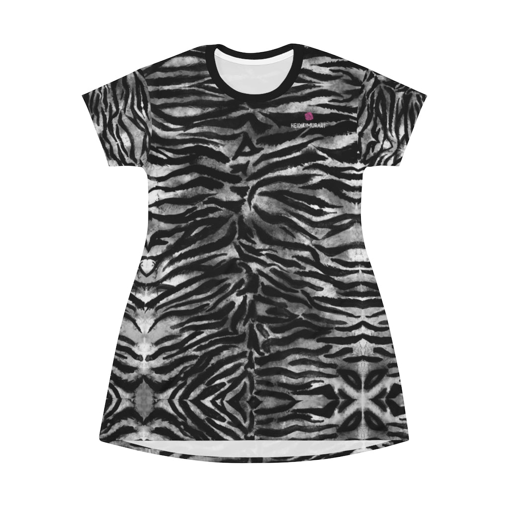 Grey Tiger Print T-Shirt Dress, Tiger Stripes Animal Print Best Designer Crew Neck Women's Long Tee T-shirt Dress-Made in USA (US Size: XS-2XL)