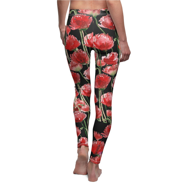 Black Poppy Floral Casual Tights, Women's Floral Casual Leggings