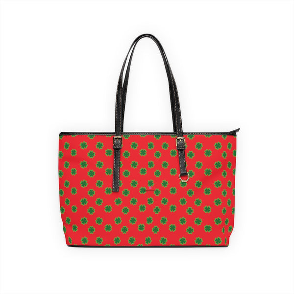 Red Green Clover Tote Bag, PU Leather Shoulder Hand Work Bag