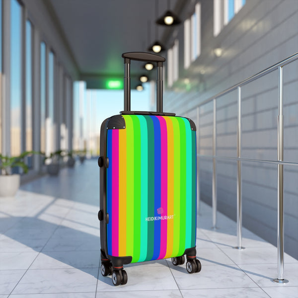 Striped Rainbow Colorful Cabin Suitcase, Vertical Striped Gay Pride Small Premium Best Designer Carry On Polycarbonate Front and Hard-Shell Durable Small 1-Size Carry-on Luggage With 2 Inner Pockets & Built in Lock With 4 Wheel 360° Swivel and Adjustable Telescopic Handle - Made in USA/UK (Size: 13.3" x 22.4" x 9.05", Weight: 7.5 lb) Unique Cute Carry-On Best Personal Travel Bag Custom Luggage - Gift For Him or Her 