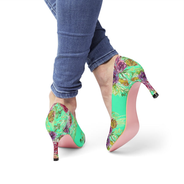 Turquoise Blue Rose Floral Print Women's 3" Bridal High Heels Pumps Shoes-3 inch Heels-Heidi Kimura Art LLC