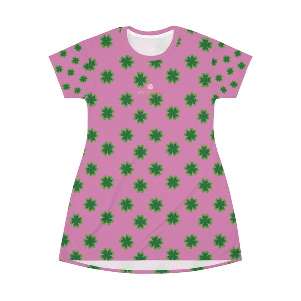 Pink Green Clover Print St. Patrick's Day Women's Long T-Shirt Dress- Made in USA-T-Shirt Dress-Heidi Kimura Art LLC