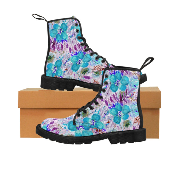 Blue Floral Men's Canvas Boots, Flower Print Luxury Premium Fashion Hiking Shoes (US Size: 7-10.5)-Men's Boots-Printify-ArtsAdd-Black-US 8-Heidi Kimura Art LLC