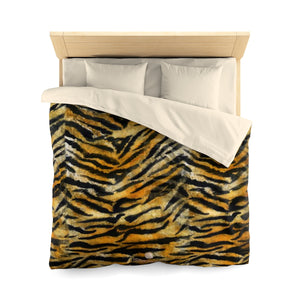 Orange Tiger Stripe Duvet Cover, Brown Animal Print Microfiber Bedding Cover-Made in USA-Duvet Cover-Queen-Cream-Heidi Kimura Art LLC