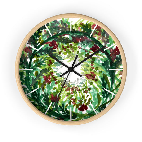 Fall Leaves Red Christmas Wreath Floral Print Flower 10"Dia. Wall Clock - Made in USA-Wall Clock-Wooden-Black-Heidi Kimura Art LLC