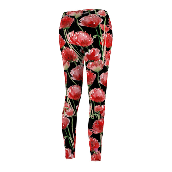 Black Poppy Floral Casual Tights, Women's Floral Casual Leggings