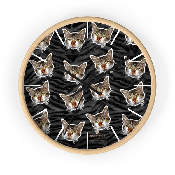 Black Tiger Stripe Cat Print Clock, Large 10" Dia. Indoor Calico Cat Wall Clocks- Made in USA-Wall Clock-10 in-Wooden-Black-Heidi Kimura Art LLC