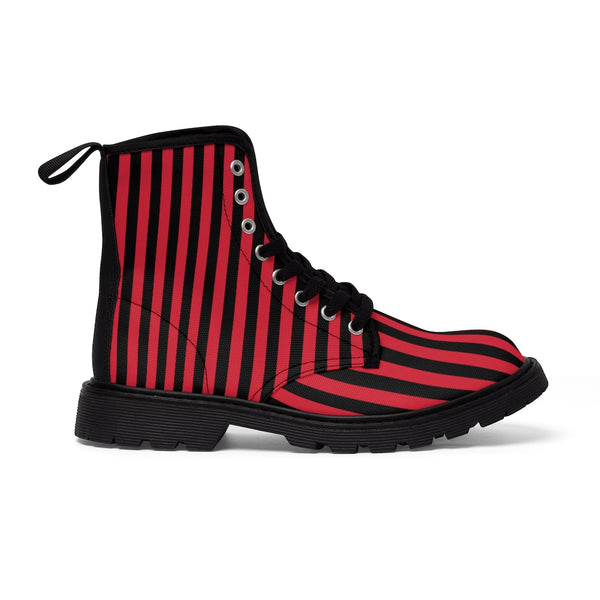Red Striped Print Men's Boots, Black Red Stripes Modern Men's Winter Hiking Canvas Boots, Fashionable Anti Heat + Moisture Designer Comfortable Stylish Men's Winter Hiking Boots Shoes For Men (US Size: 7-10.5)