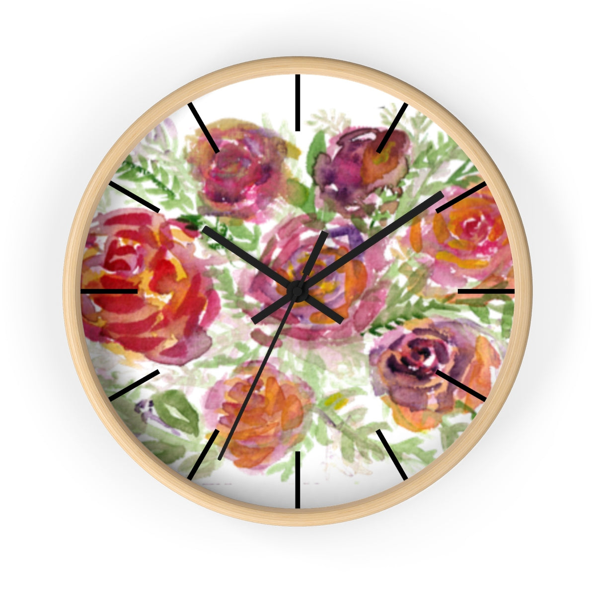 Orange Red Floral Print French Rose 10" Diameter Modern Wall Clock - Made in USA-Wall Clock-Wooden-Black-Heidi Kimura Art LLC