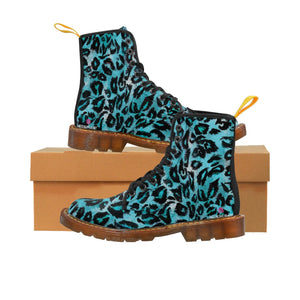 Blue Leopard Women's Canvas Boots, Light Blue Best Leopard Animal Print Designer Women's Winter Lace-up Toe Cap Hiking Boots Shoes For Women (US Size 6.5-11)