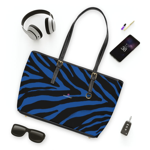 Navy Blue Zebra Tote Bag, Zebra Striped Blue and Black Animal Print PU Leather Shoulder Large Spacious Durable Hand Work Bag 17"x11"/ 16"x10" With Gold-Color Zippers & Buckles & Mobile Phone Slots & Inner Pockets, All Day Large Tote Luxury Best Sleek and Sophisticated Cute Work Shoulder Bag For Women With Outside And Inner Zippers