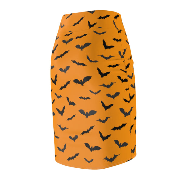 Orange Black Halloween Bats Print Women's Pencil Skirt- Made in USA (Size: XS-2XL)-Pencil Skirt-Heidi Kimura Art LLC