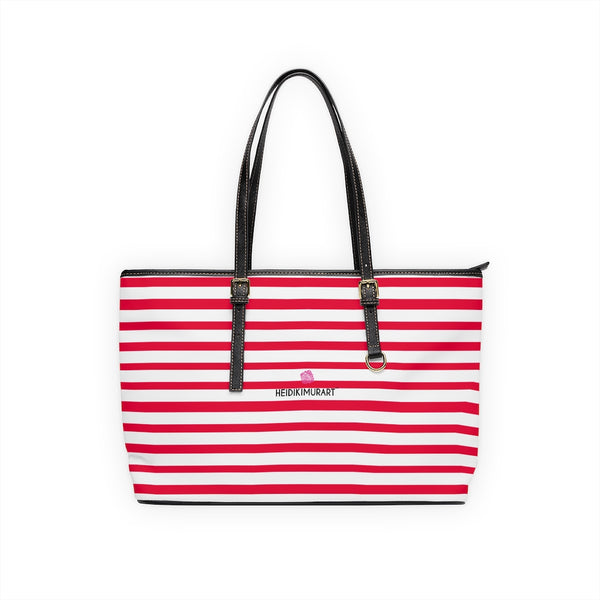 Best Red Stripes Tote Bag, Best Stylish Red and White Striped PU Leather Shoulder Large Spacious Durable Hand Work Bag 17"x11"/ 16"x10" With Gold-Color Zippers & Buckles & Mobile Phone Slots & Inner Pockets, All Day Large Tote Luxury Best Sleek and Sophisticated Cute Work Shoulder Bag For Women With Outside And Inner Zippers