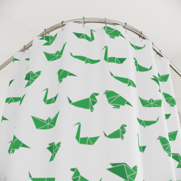 Green Crane Polyester Shower Curtain, Japanese Origami Style Crane Birds Print 71" × 74" Modern Kids or Adults Colorful Best Premium Quality American Style One-Sided Luxury Durable Stylish Unique Interior Bathroom Shower Curtains - Printed in USA