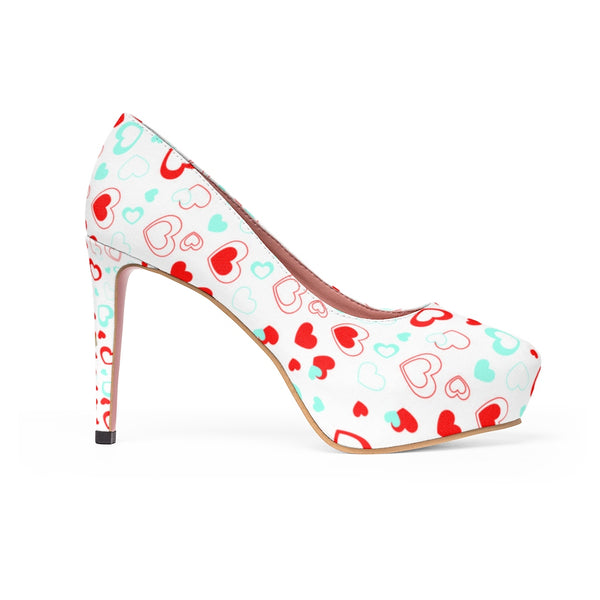 White Red Heart Shaped Print Designer Valentine's Day Women's Platform Heels Shoes-4 inch Heels-Heidi Kimura Art LLC