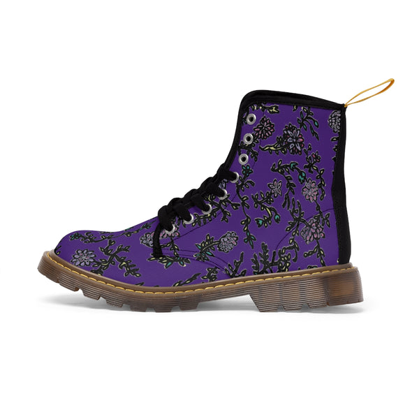 Dark Purple Floral Women's Boots, Purple Floral Women's Boots, Flower Print Elegant Feminine Casual Fashion Gifts, Flower Rose Print Shoes For Flower Lovers, Combat Boots, Designer Women's Winter Lace-up Toe Cap Hiking Boots Shoes For Women (US Size 6.5-11) Best Floral Boots, Floral Boots Womens, Vintage Style Floral Boots 